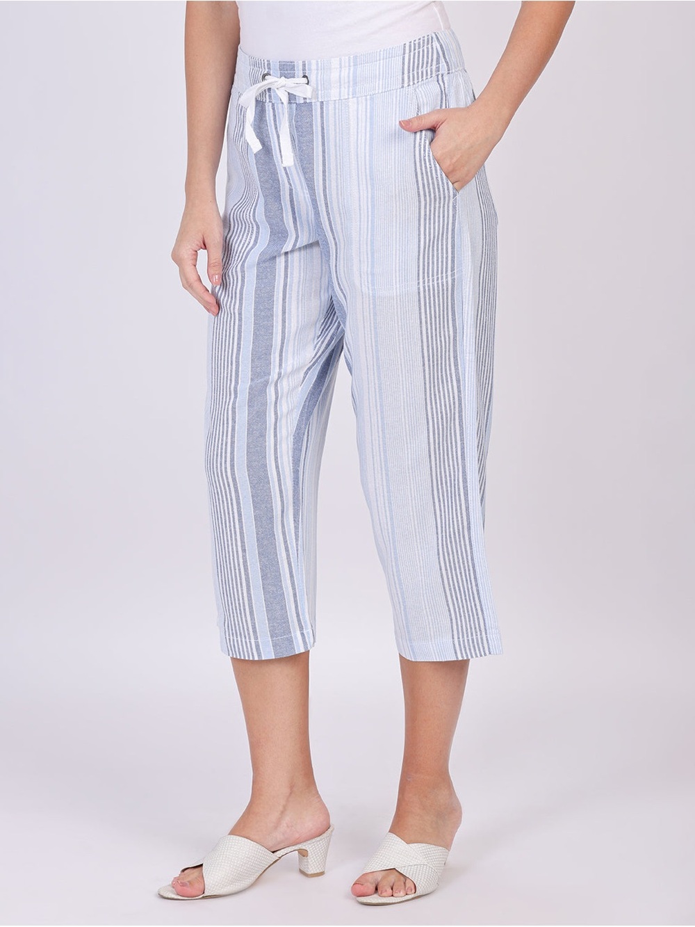 Dash XL Stripe Z Blue Multi Elastic waistband linen capri nautical coastal NWT